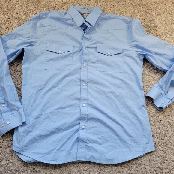 Lot of 2 Express Pearl Shirt Mens XL Blue Fitted Long Sleeve Button Up - Picture 6 of 9